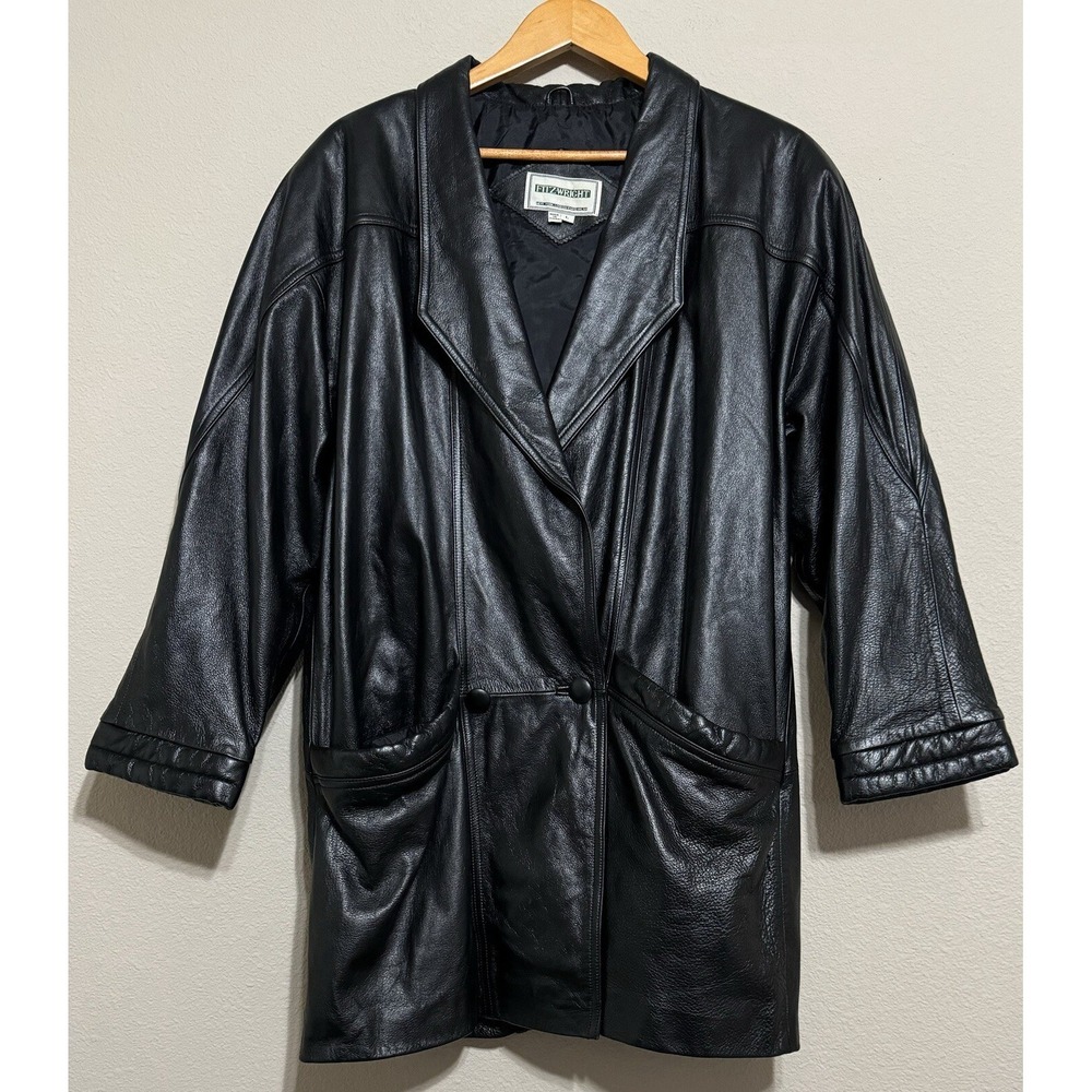 Vintage Fitz-Wright Womens Leather Coat Large Black Mid-Length Heavy EUC